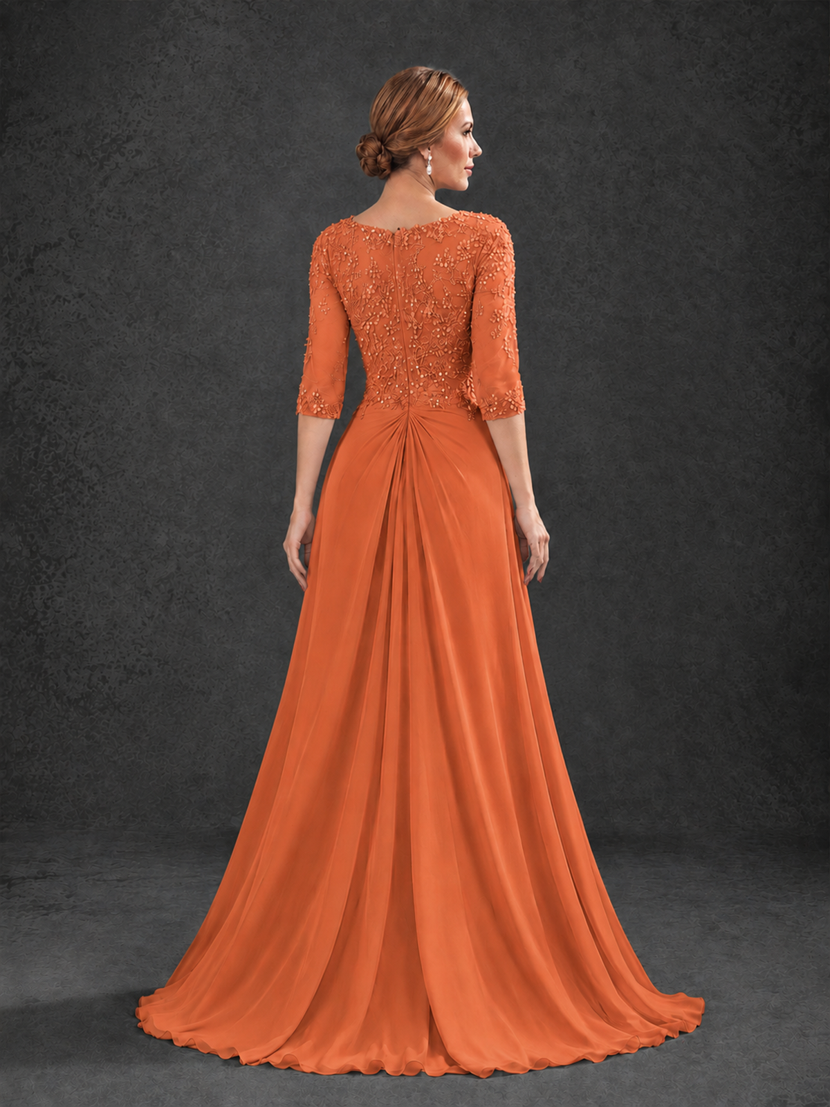 BOLODOO Orange Sweetheart Neck 3/4 Sleeve Floral Lace Illusion Bodice Chiffon A-Line Gown - Orange - Orange_2