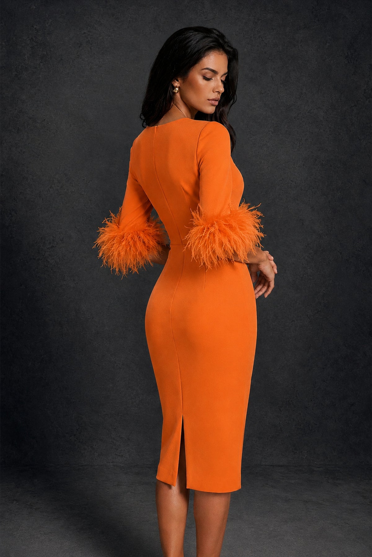 BOLODOO Orange Ostrich Feather Cuff 3/4 Sleeve Round Neck Bodycon Midi Dress with Back Slit - Orange