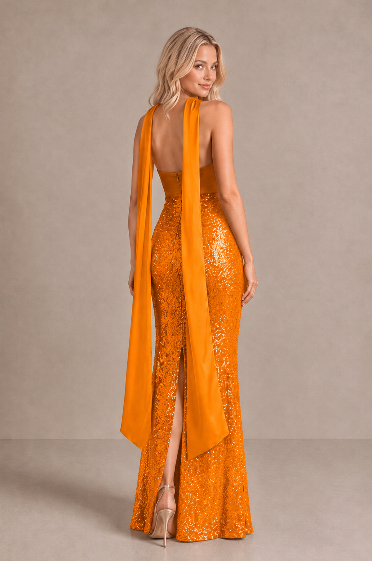 BOLODOO Orange Strapless Sweetheart Evening Dress with Scarf - Orange - Orange_2