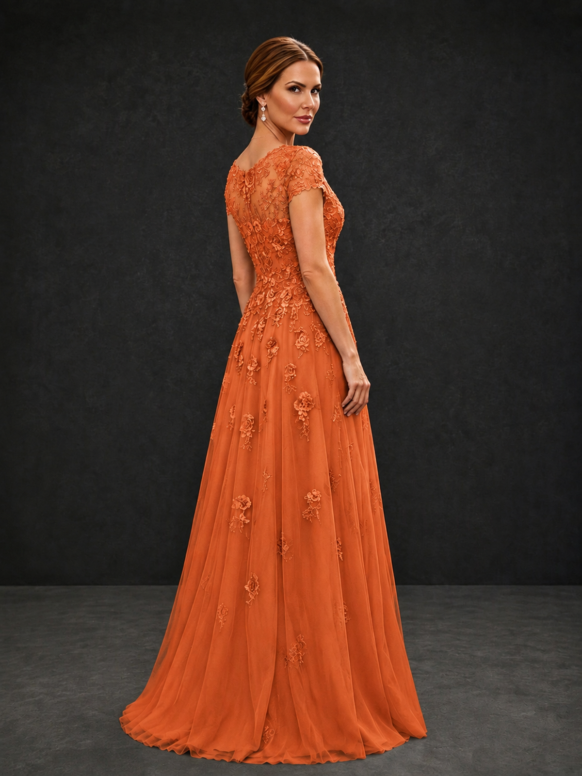 BOLODOO Orange Cap Sleeve Lace Appliqué A-Line Formal Gown | Mother of the Bride Dress - Orange - Orange_2