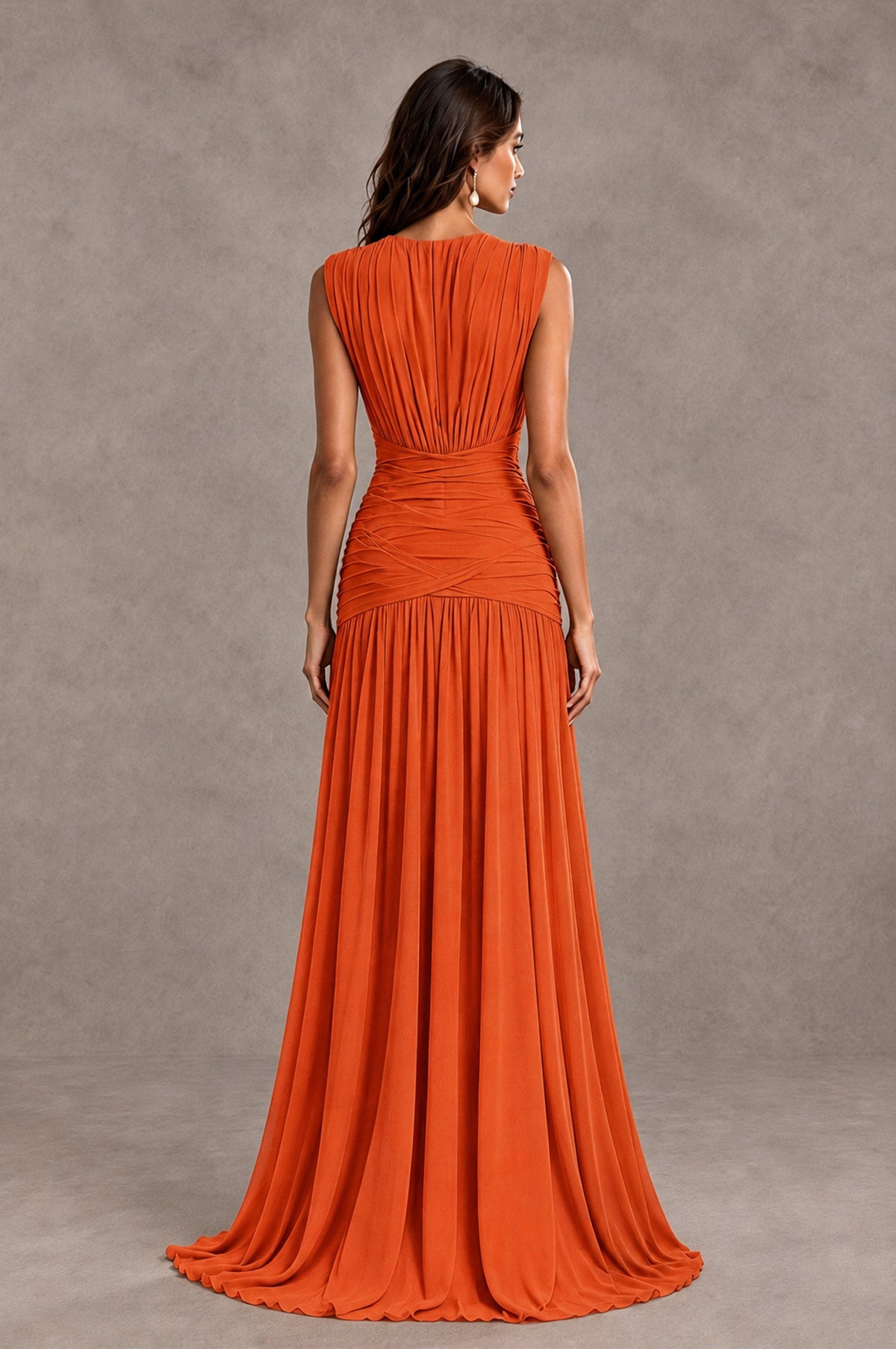 BOLODOO Orange V-Neck Ruched Wedding Guest Dress - Orange - Orange_2