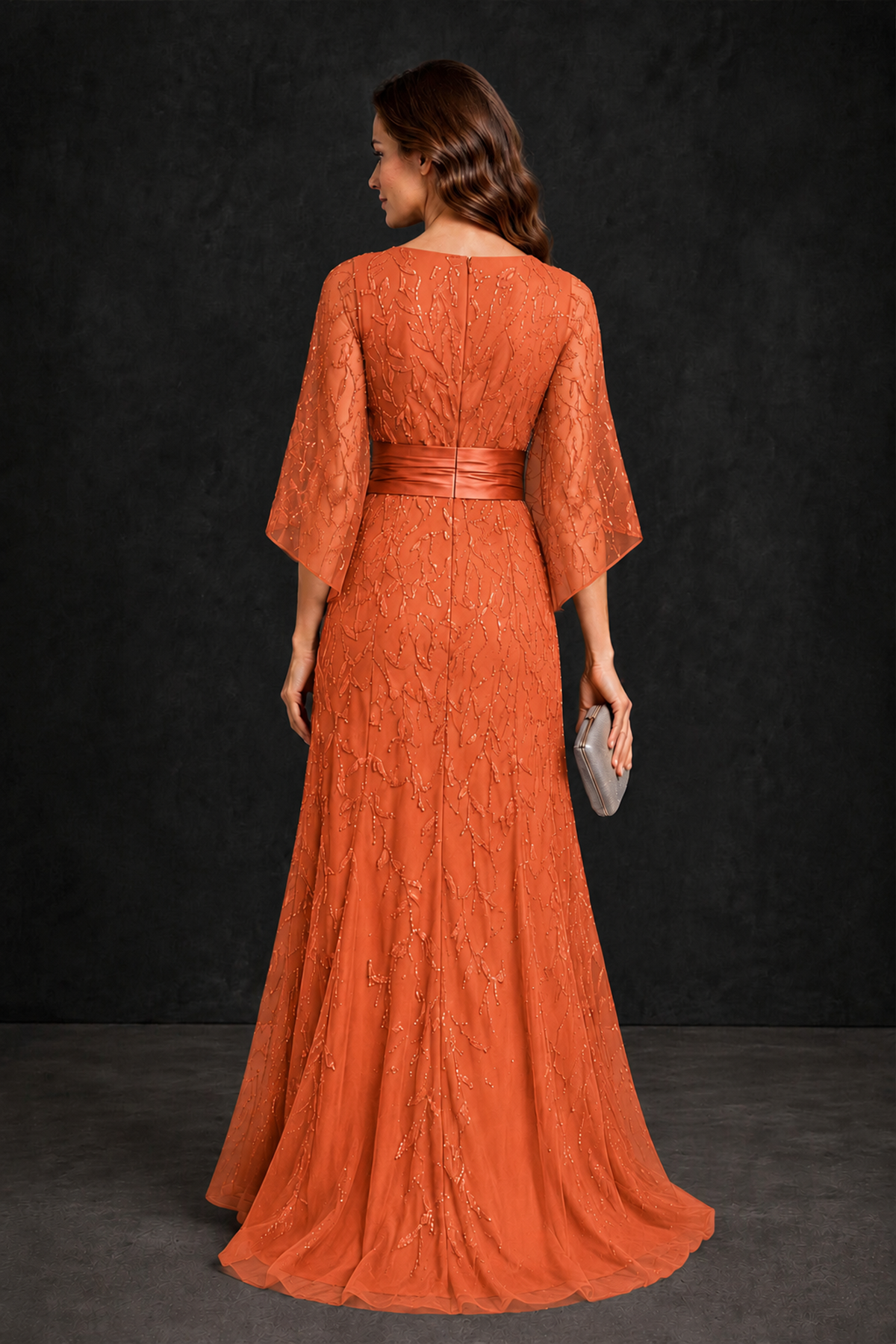 BOLODOO Orange Bateau Neck Bell Sleeve Sequin Embroidered Satin Waist A-Line Maxi Dress - Orange - Orange_2