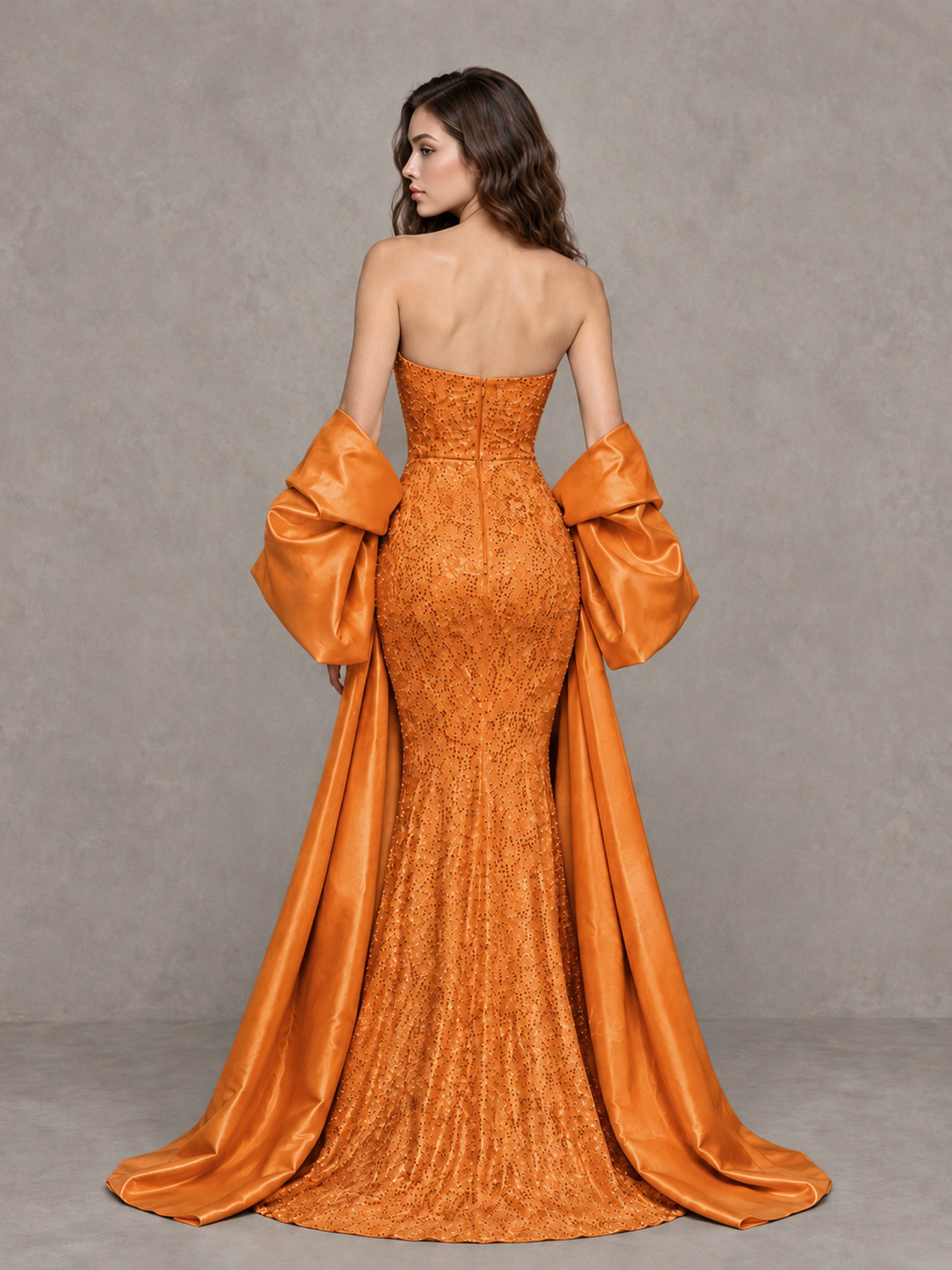 BOLODOO Orange Strapless Sparkle Mermaid Prom Dress with Front Slit and Draped Sleeves - Orange - Orange_2