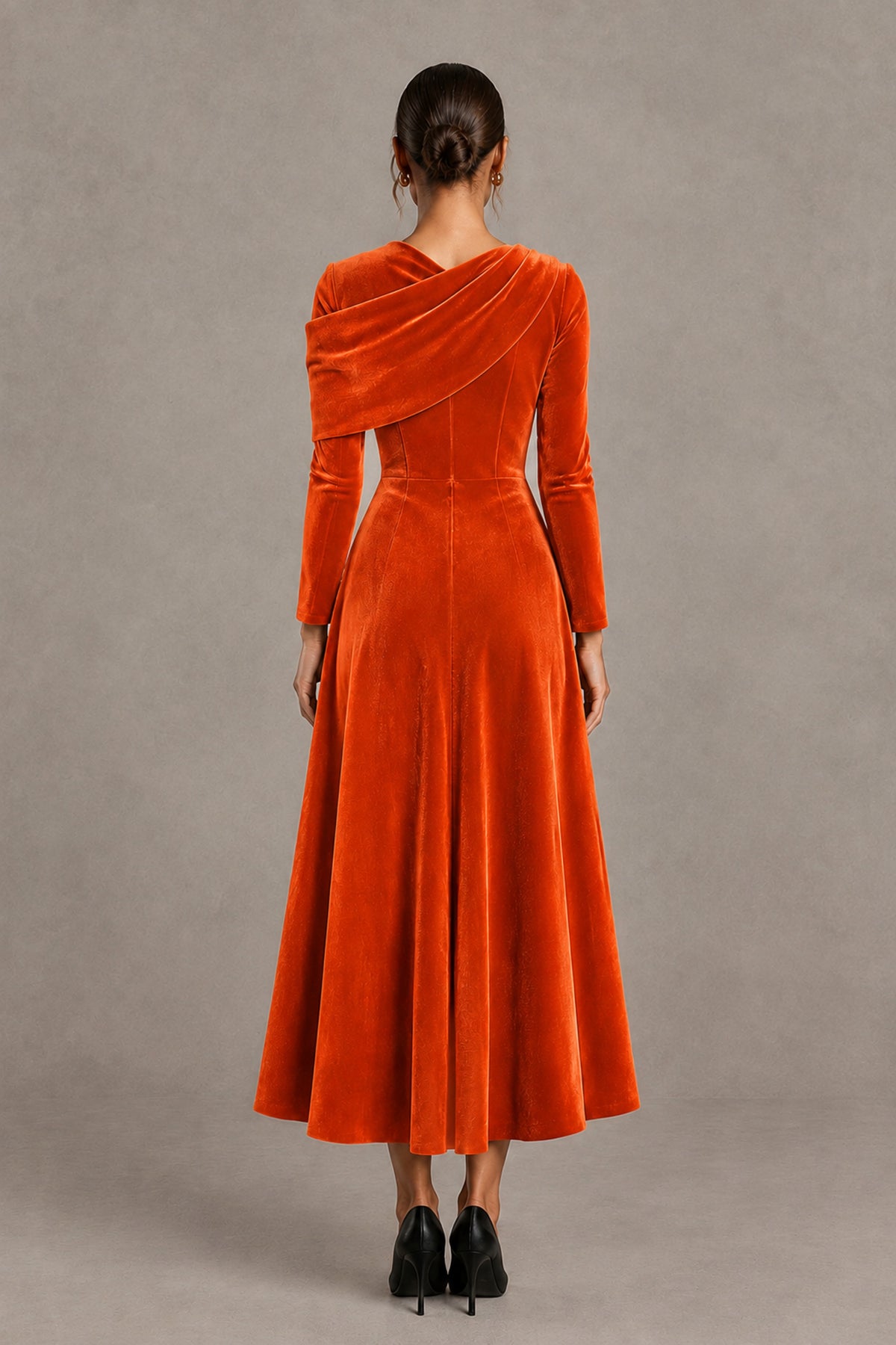 BOLODOO Orange Velvet-Look Long Sleeve Tea-Length A-Line Dress with Draped Neckline - Orange - Orange_2