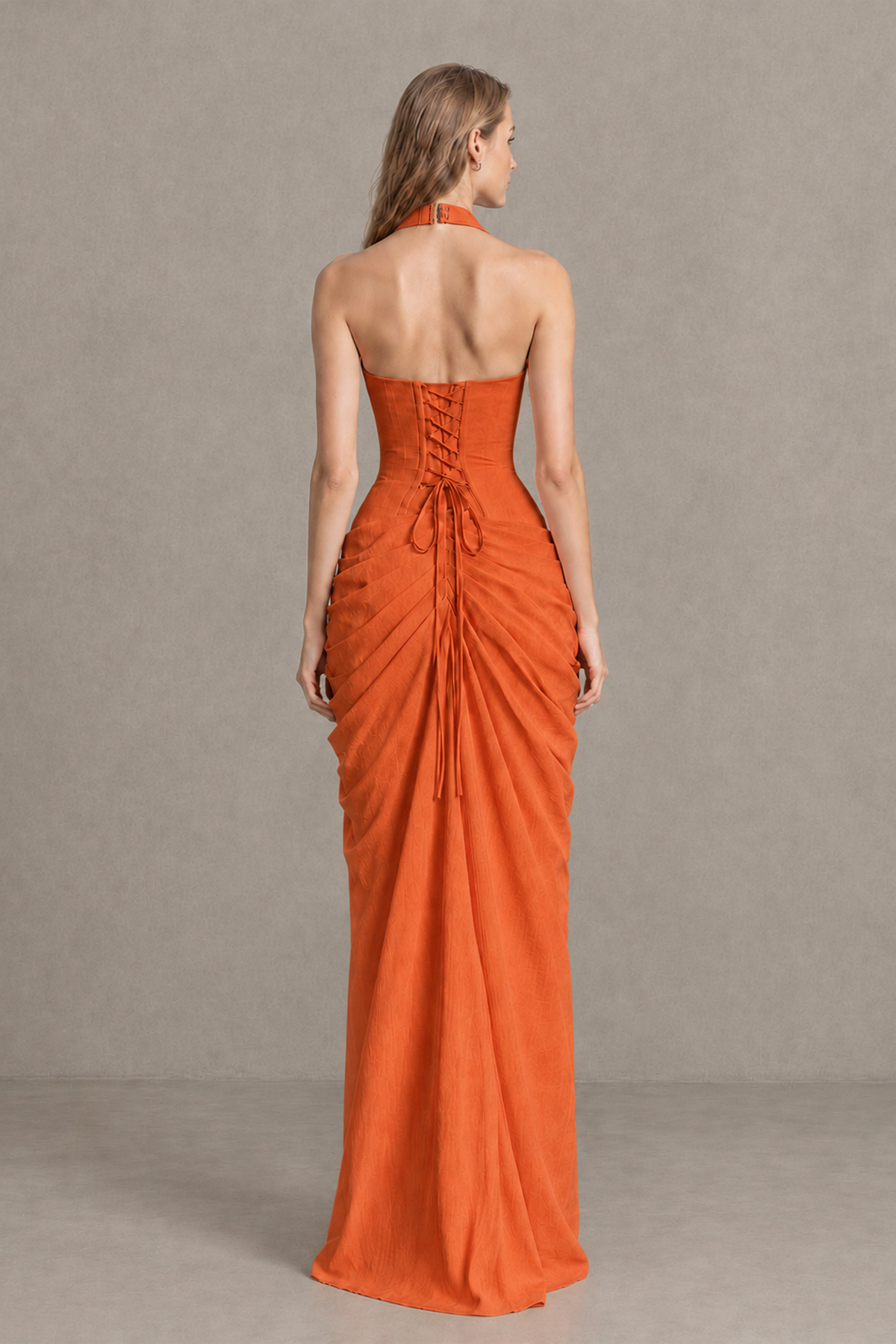 BOLODOO Orange Halter Neck Ruched Maxi Dress with High Slit - Orange - Orange_2
