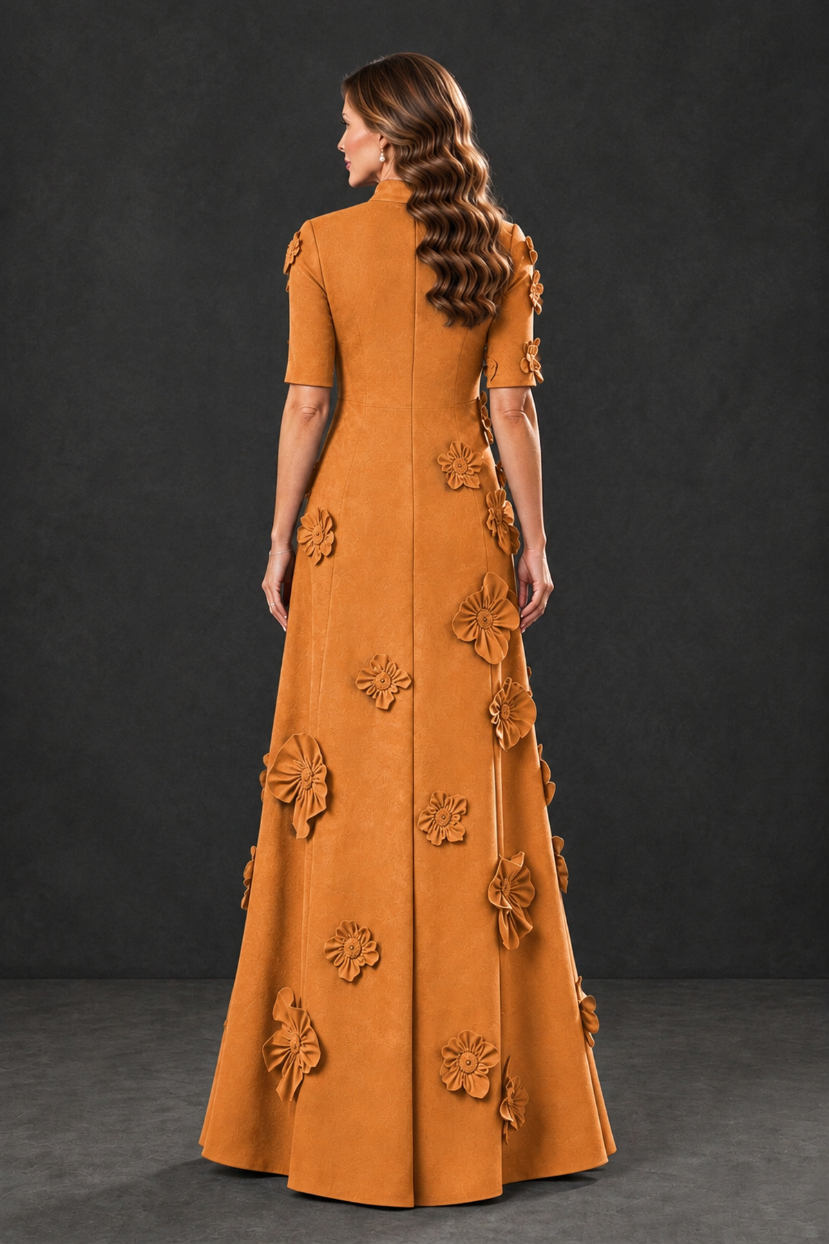 BOLODOO Orange Floral Applique High-Neck Half-Sleeve Gown - Orange - Orange_2