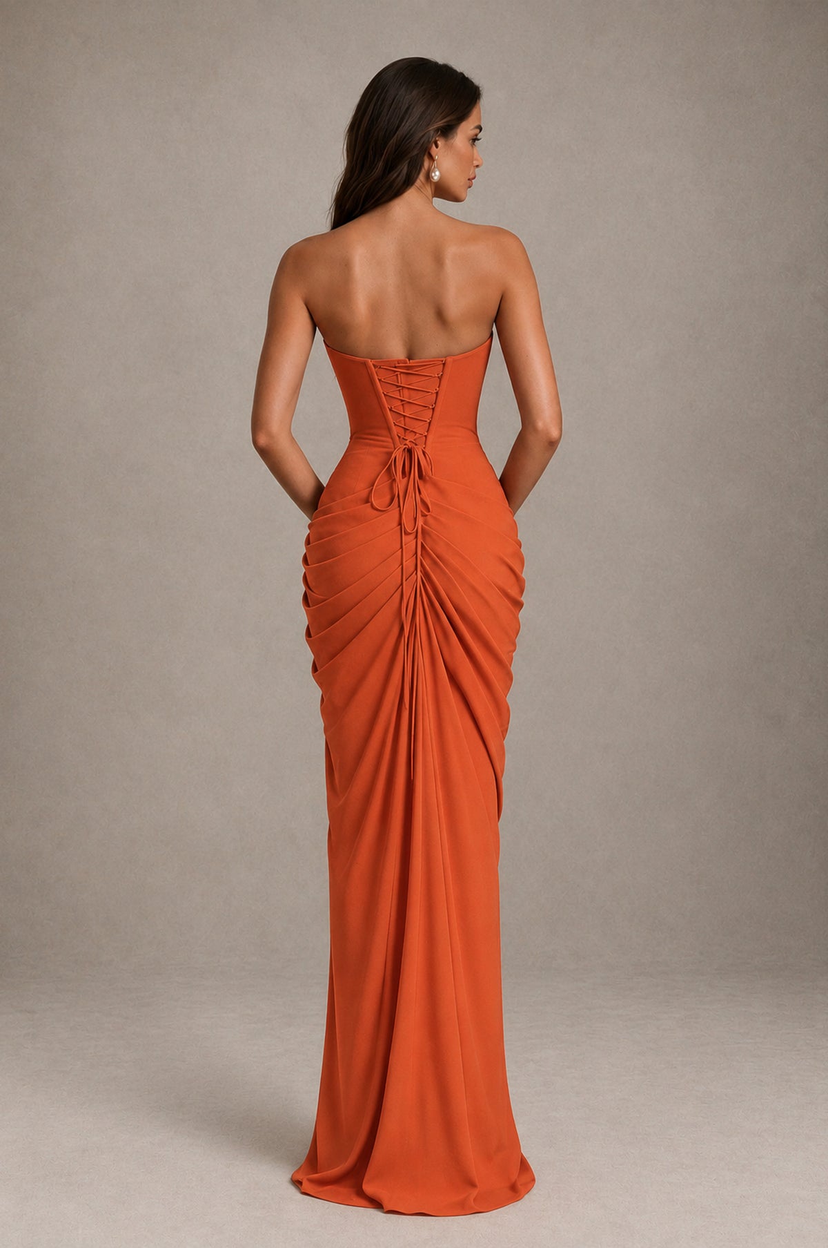 BOLODOO Strapless Draped Maxi Dress - Orange Backless Evening Gown with High Slit - Orange - Orange_2