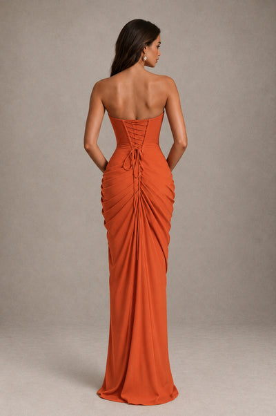 BOLODOO Strapless Draped Maxi Dress - Orange Backless Evening Gown with High Slit - Orange - Orange_2