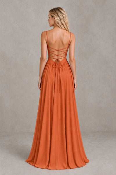 BOLODOO Orange Spaghetti Strap A-Line Bridesmaid Dress with Slit - Orange - Orange_2