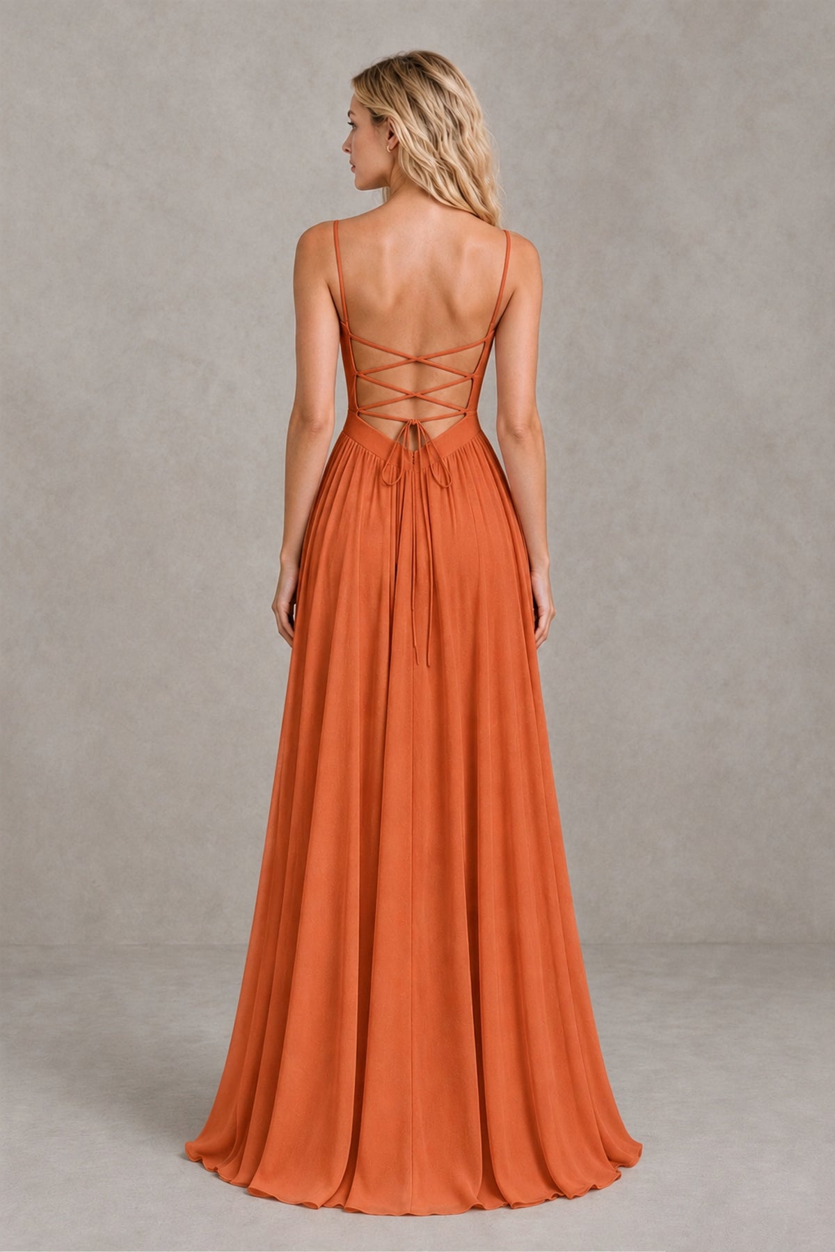 BOLODOO Orange Spaghetti Strap A-Line Bridesmaid Dress with Slit - Orange - Orange_2