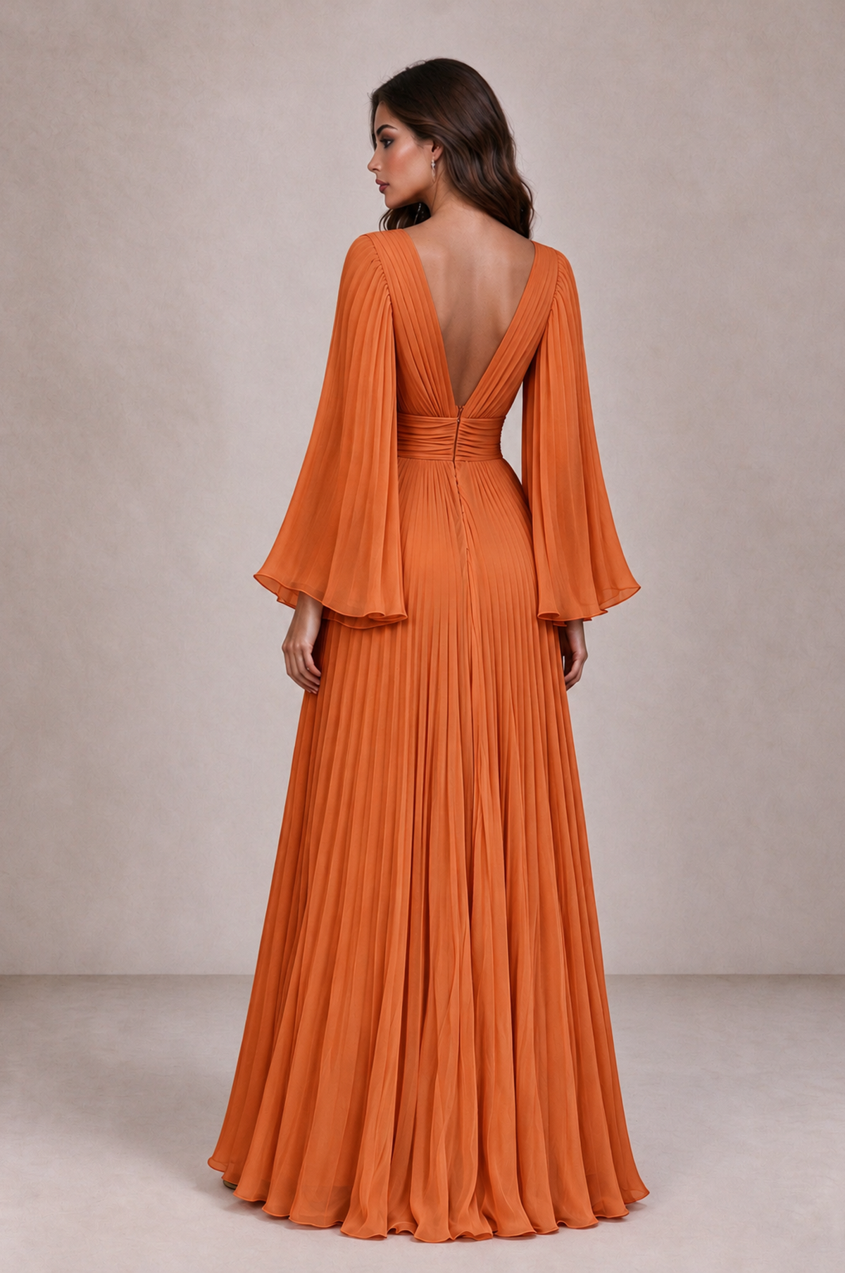 BOLODOO Orange Pleated Deep V-Neck Long Bell Sleeve Evening Dress - Orange - Orange_2