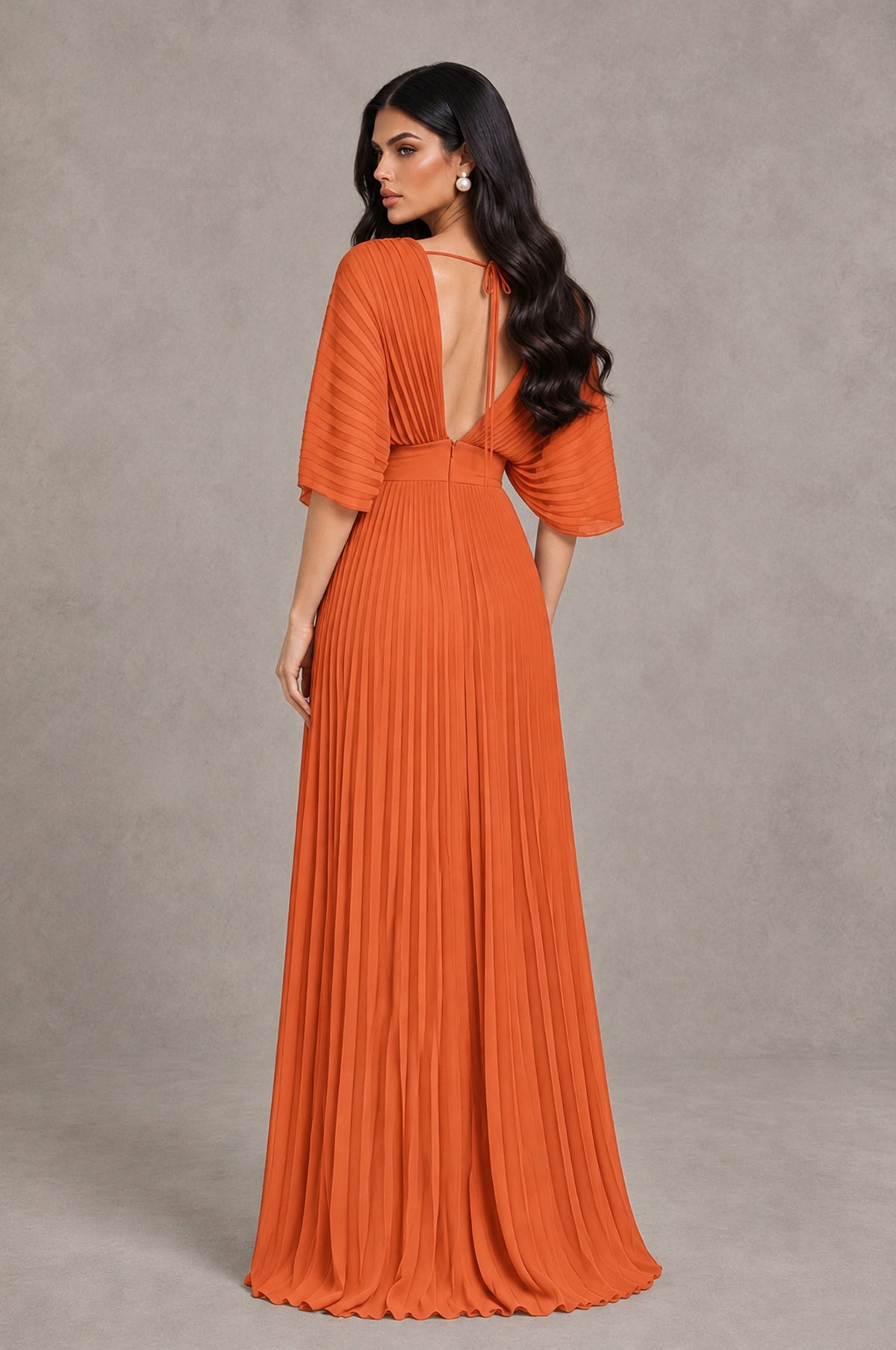 BOLODOO Orange V-Neck Pleated Flutter Sleeve Formal Dress - Orange - Orange_2