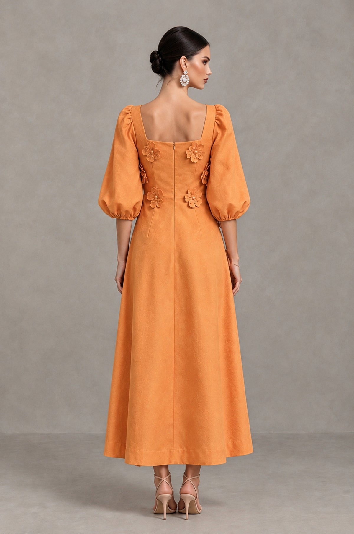 BOLODOO Orange 3D Floral Puff Sleeve Midi Cocktail Dress - Orange - Orange_2