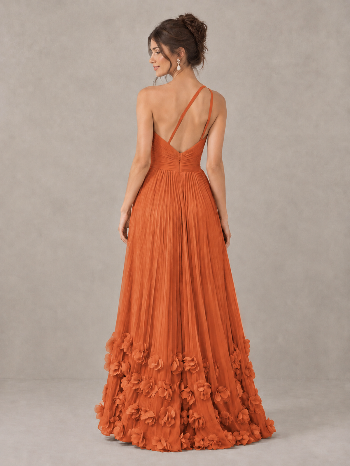 BOLODOO Orange One-Shoulder Pleated Bridesmaid Dress with 3D Floral Hem - Orange - Orange_2