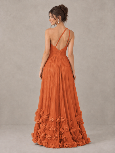 BOLODOO Orange One-Shoulder Pleated Bridesmaid Dress with 3D Floral Hem - Orange - Orange_2
