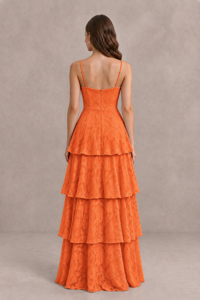 BOLODOO Orange Tiered Floral-Textured Spaghetti Strap Maxi Dress - Orange - Orange_2