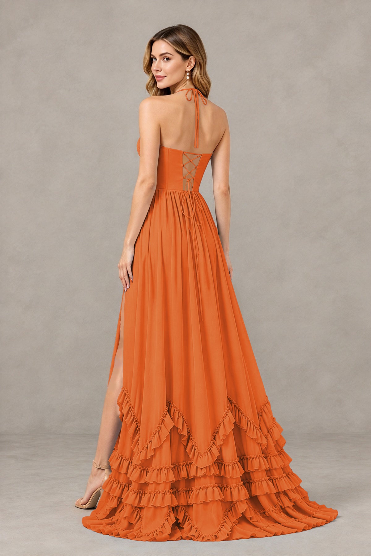 BOLODOO Orange Halter Ruffle Hem A-Line Bridesmaid Dress with High Slit - Orange - Orange(2)