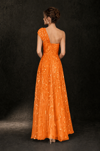 BOLODOO Orange Leaf Sequin One-Shoulder A-Line Maxi Gown – Mother of the Bride & Formal Evening Dress - Orange - Orange_2