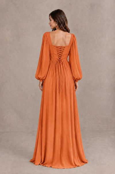 BOLODOO Orange Long Sleeve V-Neck A-Line Bridesmaid Dress - Orange - Orange_2