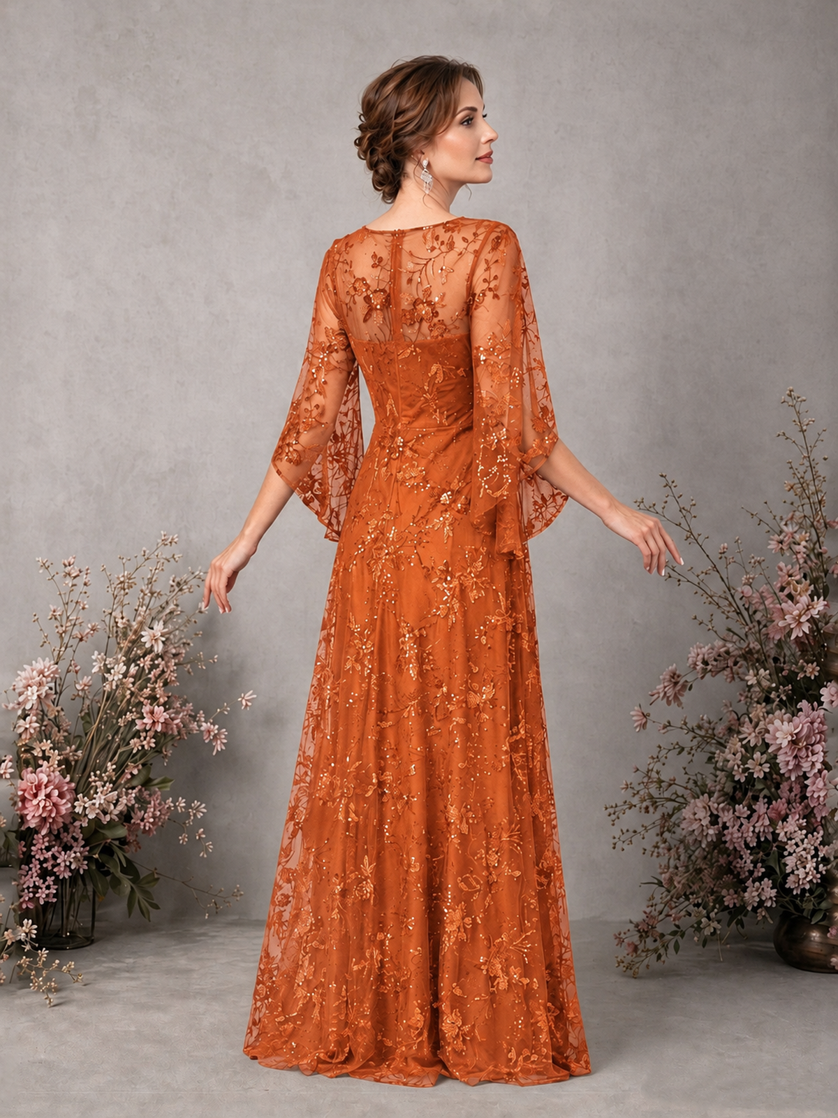 BOLODOO Orange Sequin Lace Cape Sleeve Formal Evening Gown - Orange - Orange_2