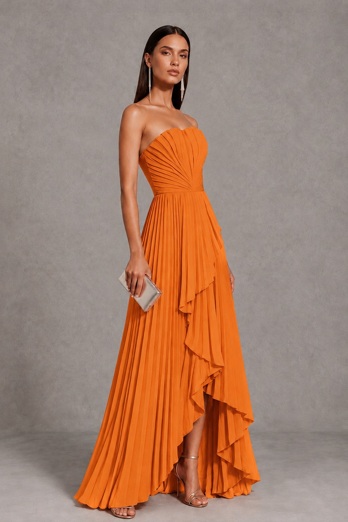 Orange Strapless Pleated High-Low Evening Gown with Ruffle Hem - Orange