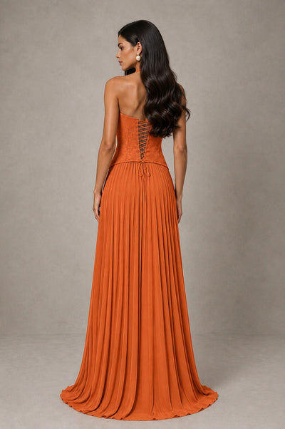 BOLODOO Orange Halter Corset Pleated A-Line Evening Dress - Orange - Orange_2