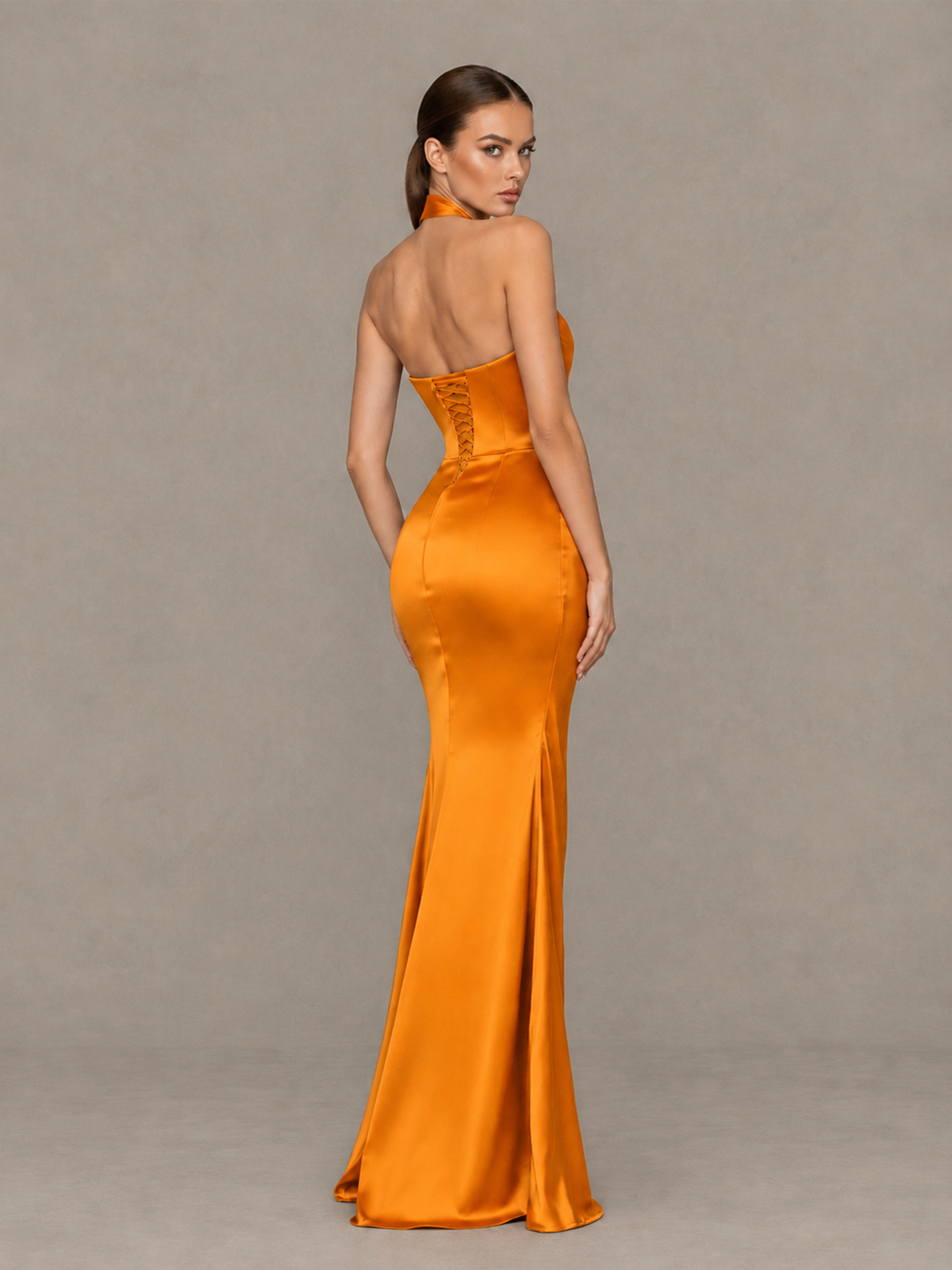 BOLODOO Orange Cross-Halter Ruched Satin-Look Evening Gown with High Slit - Orange - Orange_2