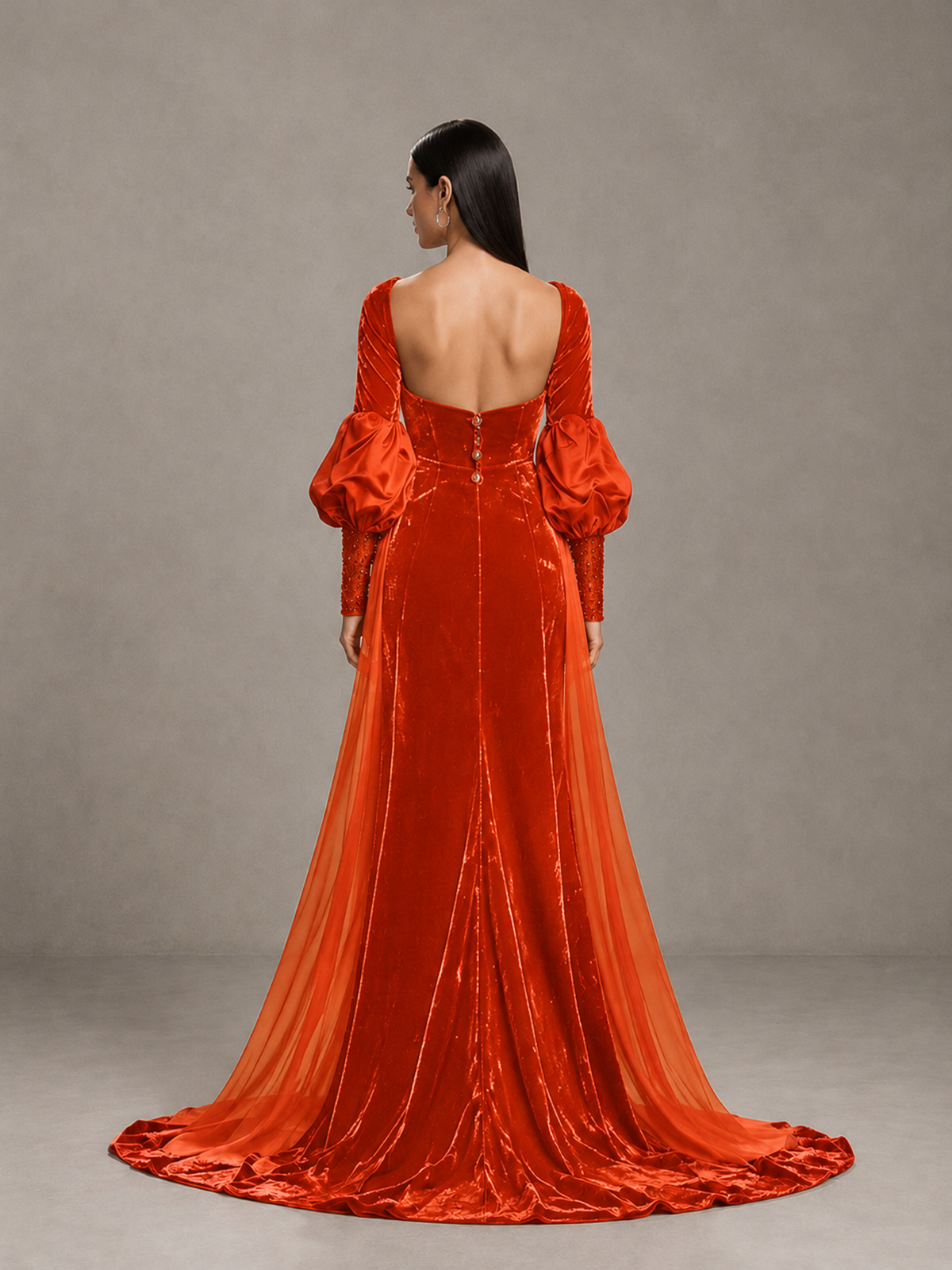 BOLODOO Orange Velvet Long Sleeve Open-Back Evening Gown - Orange - Orange_2