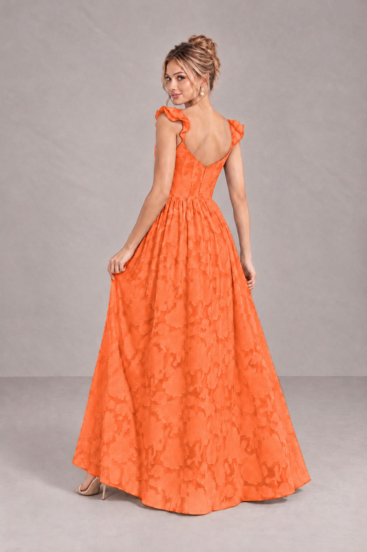 BOLODOO Orange Floral A-Line Bridesmaid Dress with Slit Ruffle Straps Maxi Gown - Orange - Orange_2