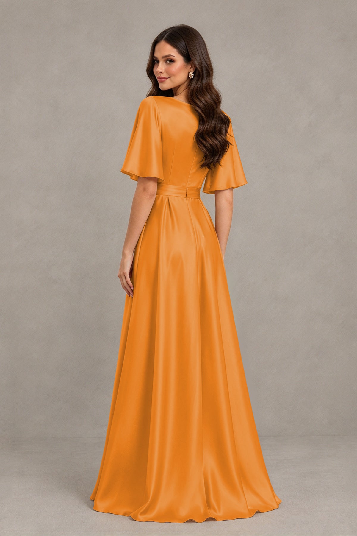 BOLODOO Orange Satin V-Neck Flutter Sleeve Bridesmaid Dress with Slit - Orange - Orange(2)