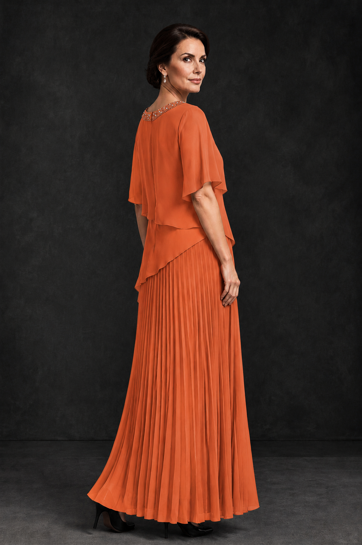 BOLODOO Orange Pearl Beaded Neck Asymmetric Tiered Flutter Sleeve Pleated Chiffon Maxi Dress - Orange - Orange_2