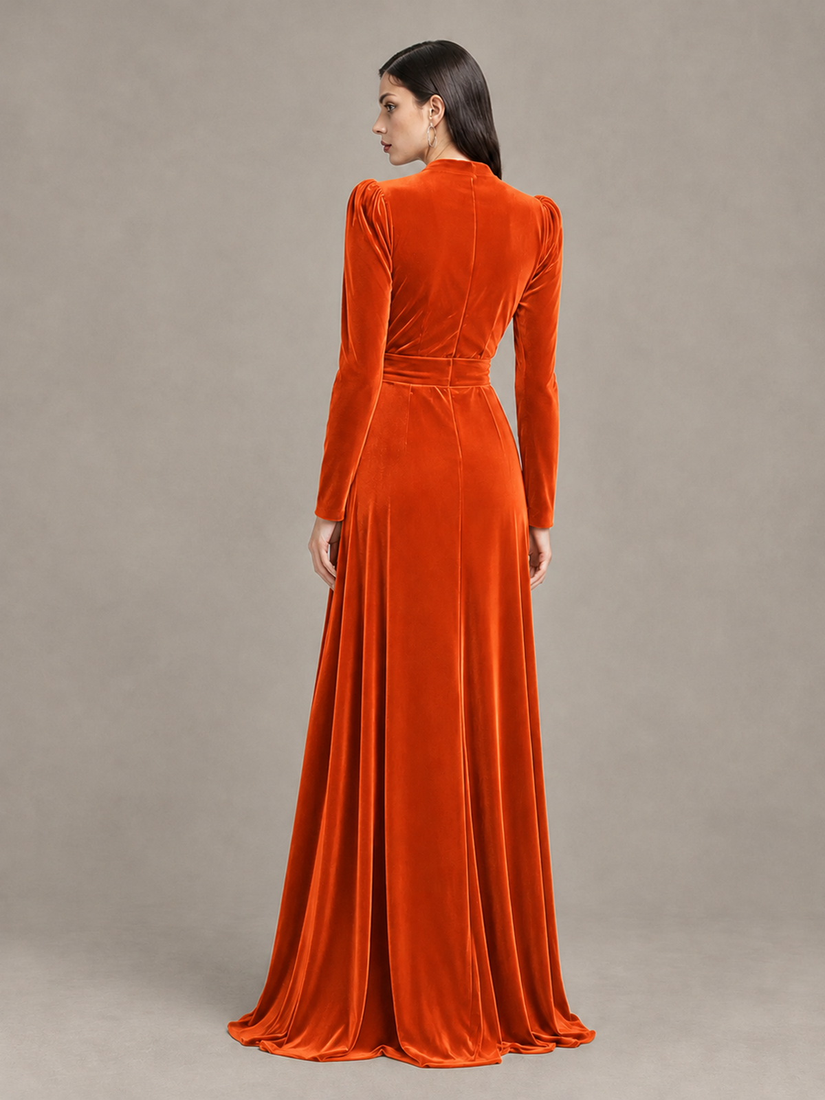 BOLODOO Orange Long Sleeve Velvet-Look Evening Dress with High Slit - Orange - Orange_2