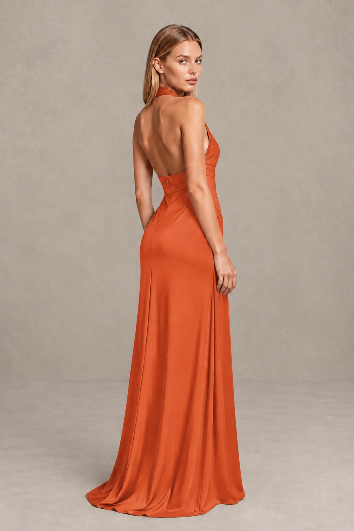 BOLODOO Orange Twisted Halter Neck Ruched Sleeveless Open Back Floor-Length Gown - Orange - Orange_2