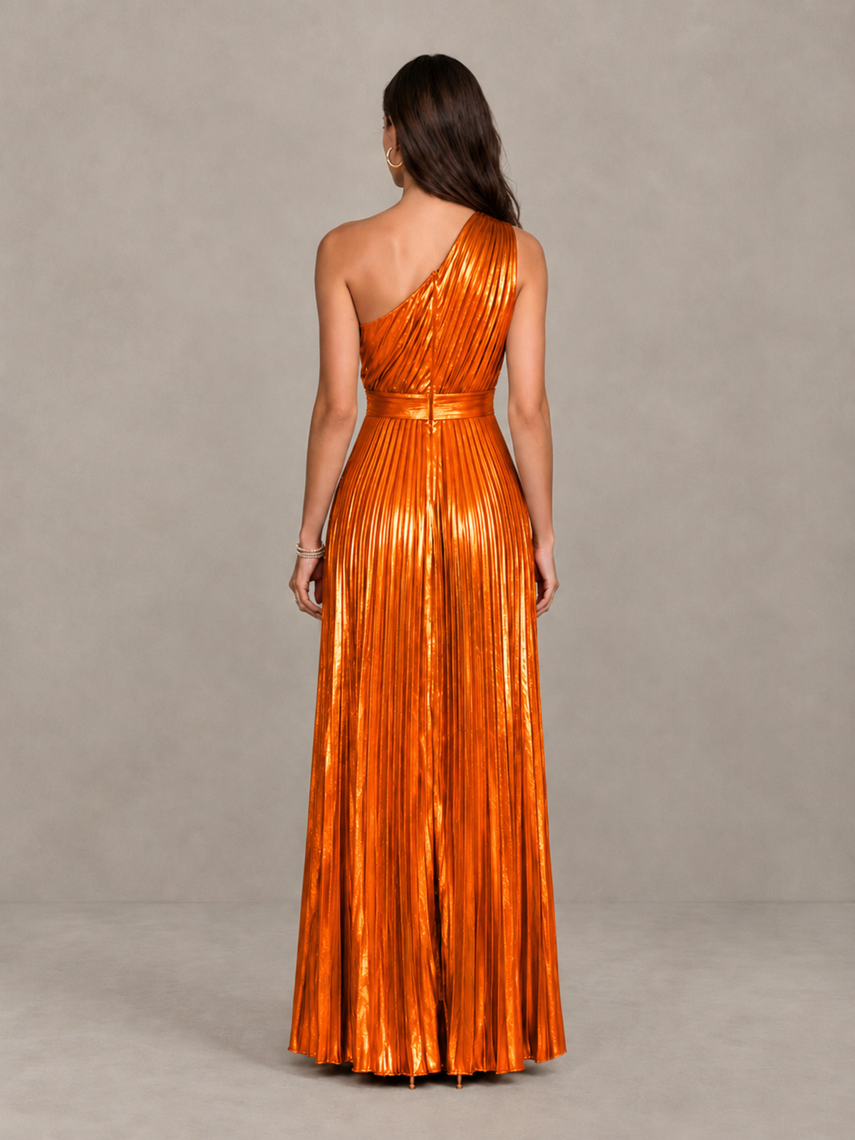 BOLODOO Orange One-Shoulder Metallic Pleated Wide-Leg Jumpsuit - Orange - Orange_2
