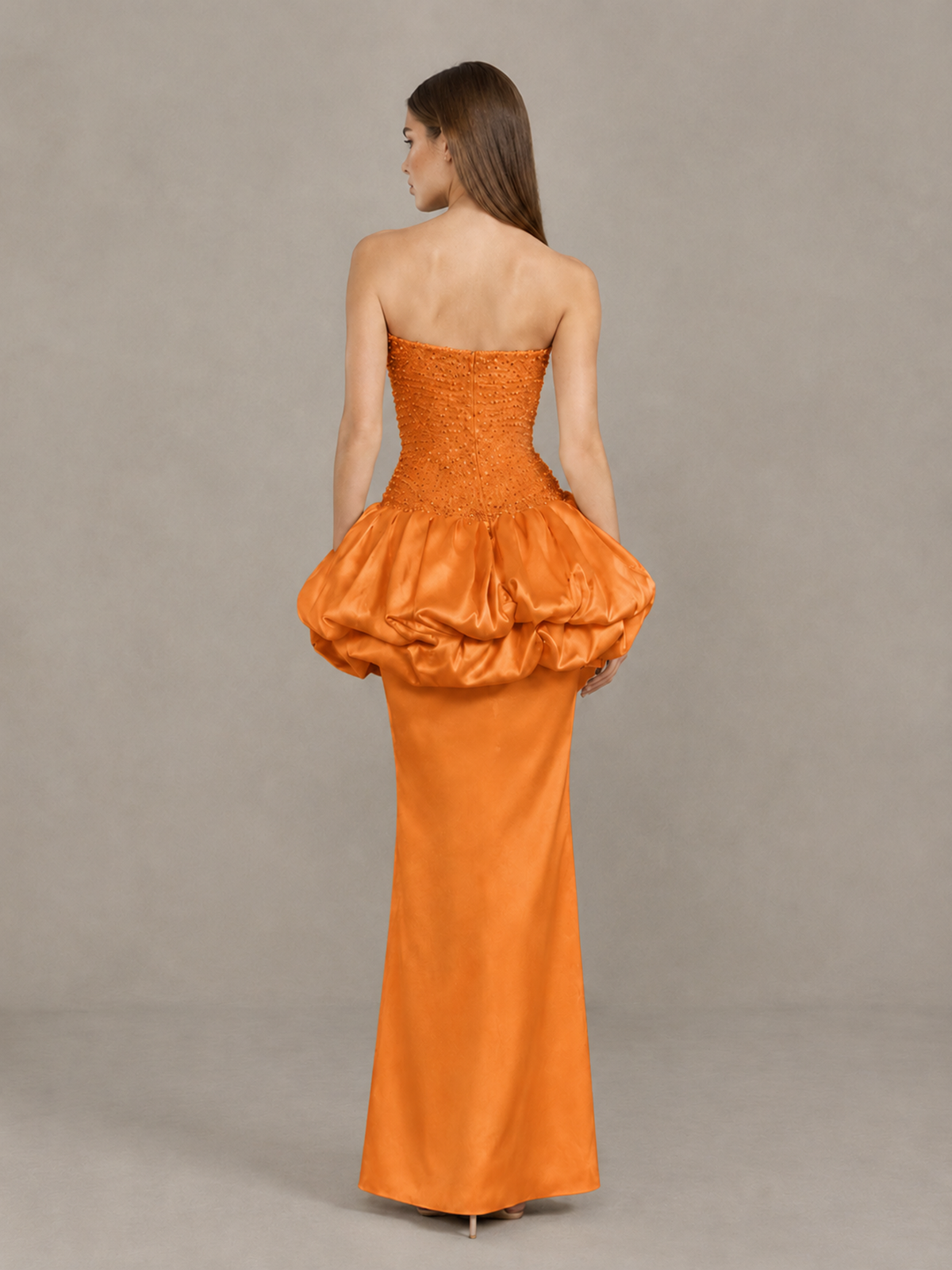 BOLODOO Orange Strapless Embellished Bubble Peplum Evening Dress - Orange - Orange_2