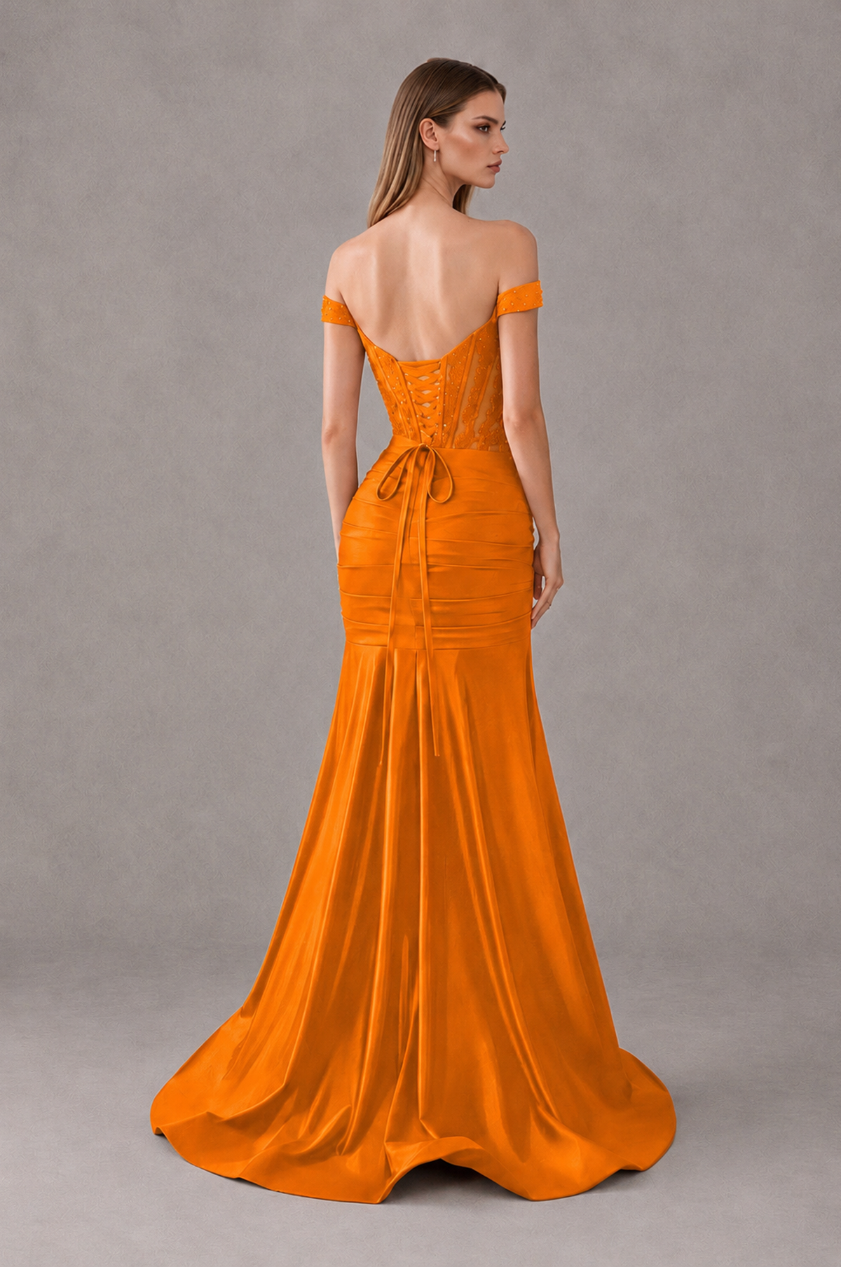 BOLODOO Orange Off-Shoulder Corset Mermaid Prom Dress with Slit Sequin Lace Evening Gown - Orange - Orange_2