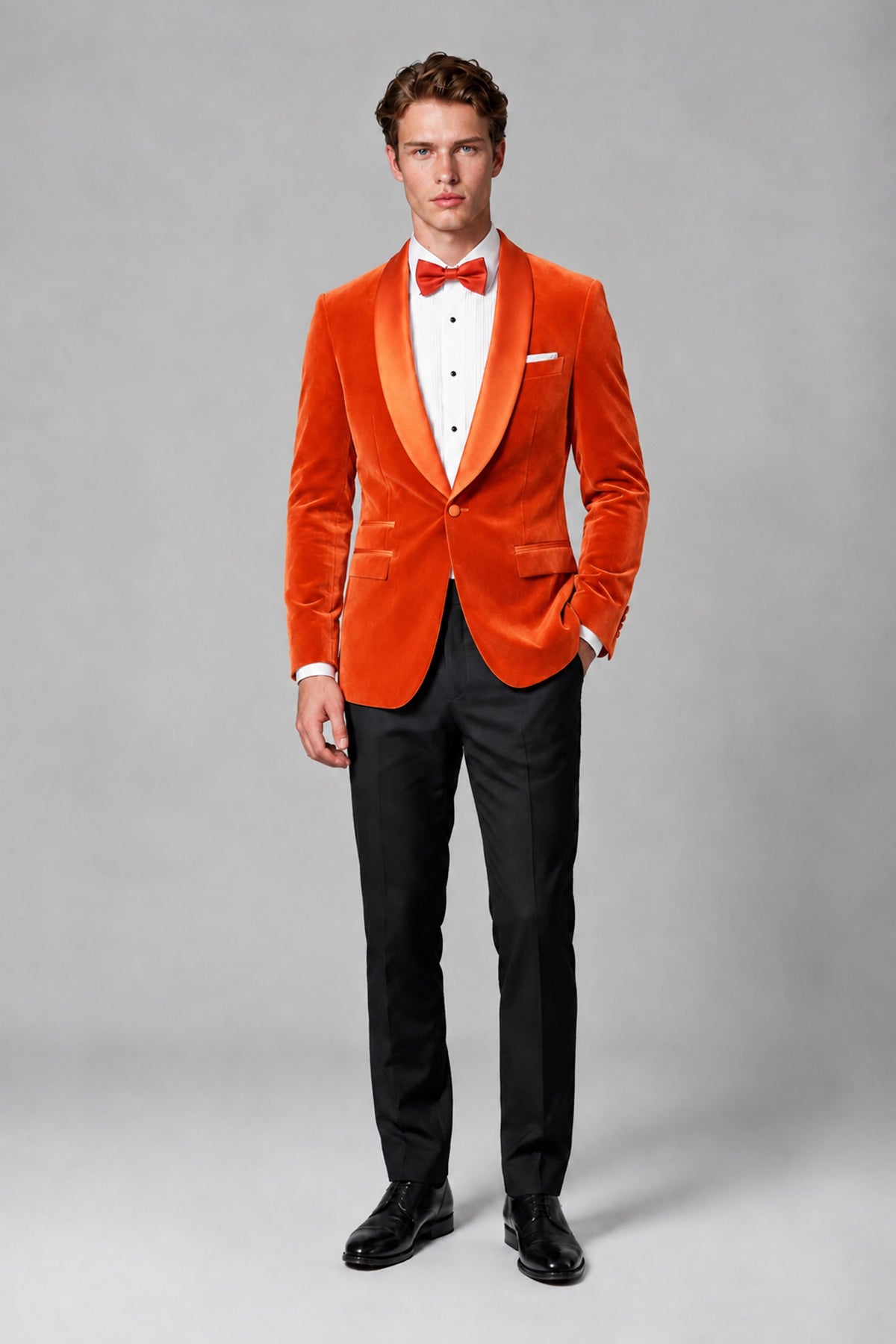 BOLODOO Men's Orange Velvet Blazer | Shawl Lapel Tuxedo Jacket - Orange - Orange_2