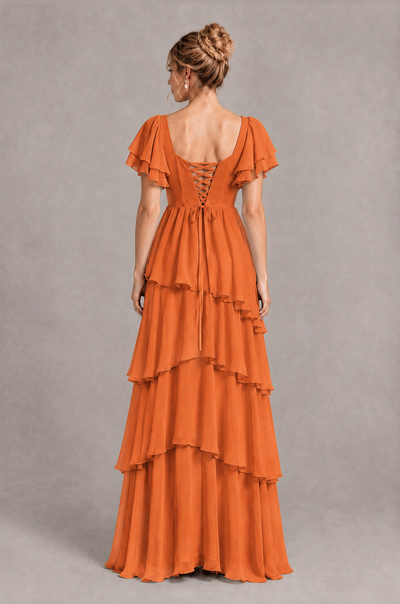 BOLODOO Orange Square Neck Flutter Sleeve Tiered Chiffon Bridesmaid Dress with Lace-Up Back - Orange - Orange_2