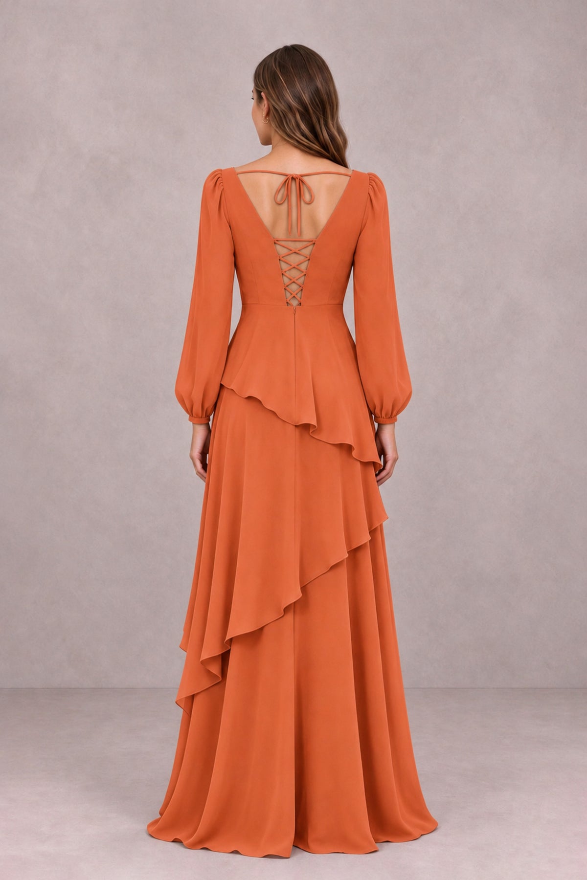 BOLODOO Orange Long Sleeve Ruffle Bridesmaid Dresses - Orange - Orange_2