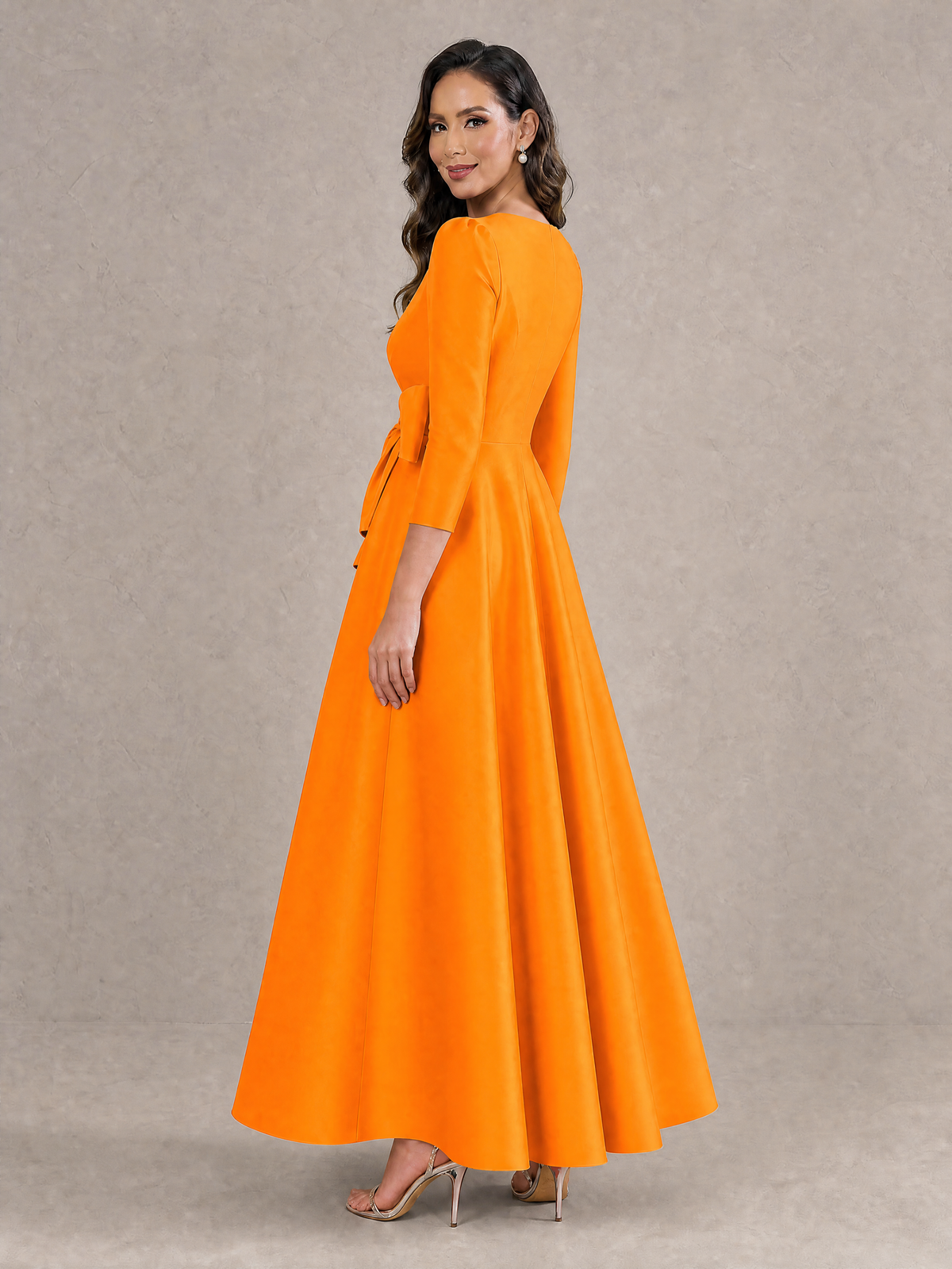 BOLODOO Orange Satin Deep V-Neck Wrap 3/4 Puff Sleeve A-Line Ball Gown Maxi Dress with Oversized Bow Belt - Orange