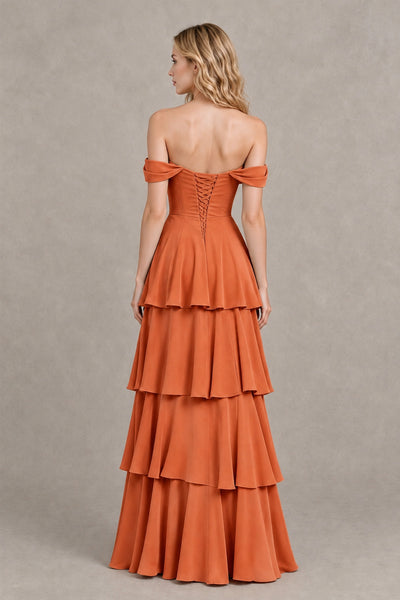 BOLODOO Orange Off-the-Shoulder Tiered A-Line Evening Bridesmaid Dress - Orange - Orange_2
