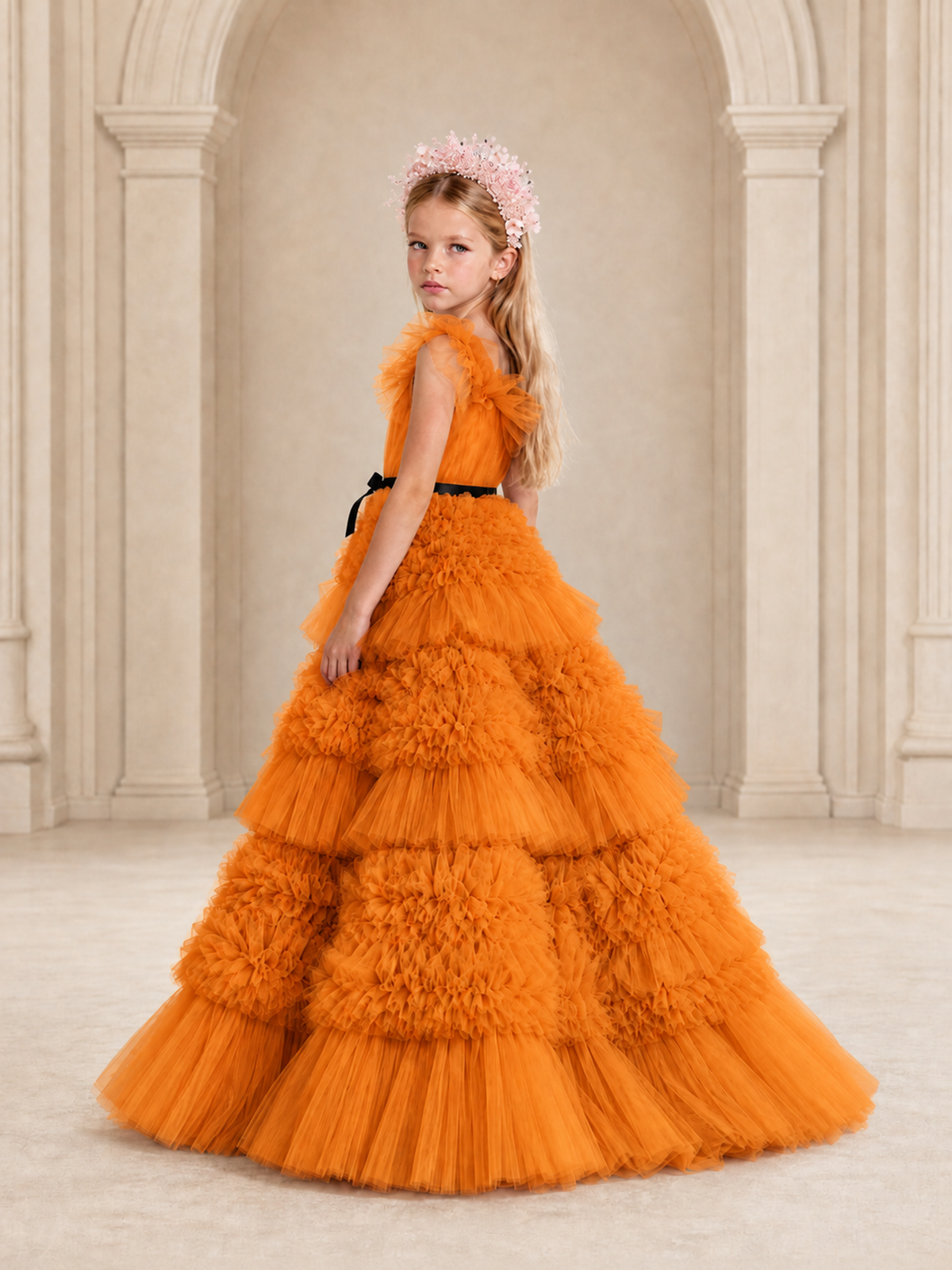 BOLODOO Orange Tiered Tulle Flower Girl Dress with Floral Appliques - Orange - Orange_2