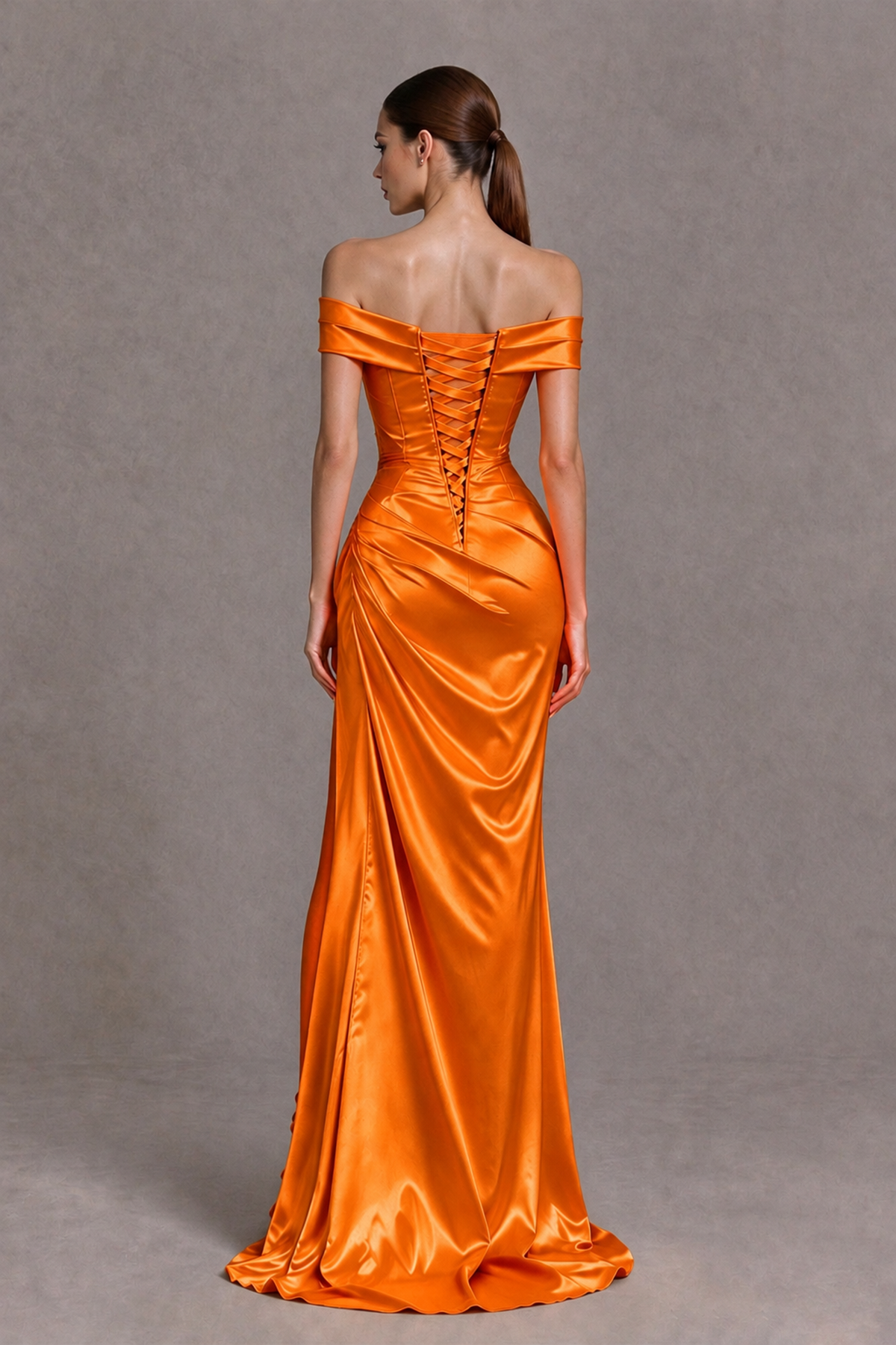 BOLODOO Orange Off-the-Shoulder Ruched Satin Prom & Evening Dress with High Slit - Orange - Orange_2