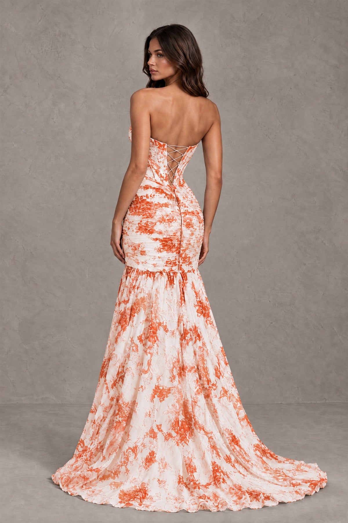 BOLODOO Orange Floral Strapless Corset Mermaid Gown with High Slit - Orange - Orange_2