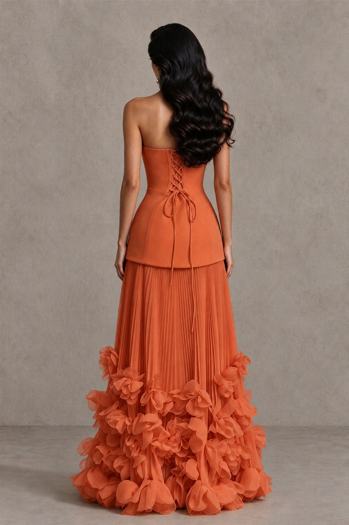 BOLODOO Orange Strapless Pleated Floral Hem Evening Gown - Orange - Orange_2