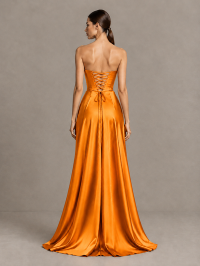BOLODOO Orange Strapless Satin High-Slit Lace-Up Prom Dress - Orange - Orange_2