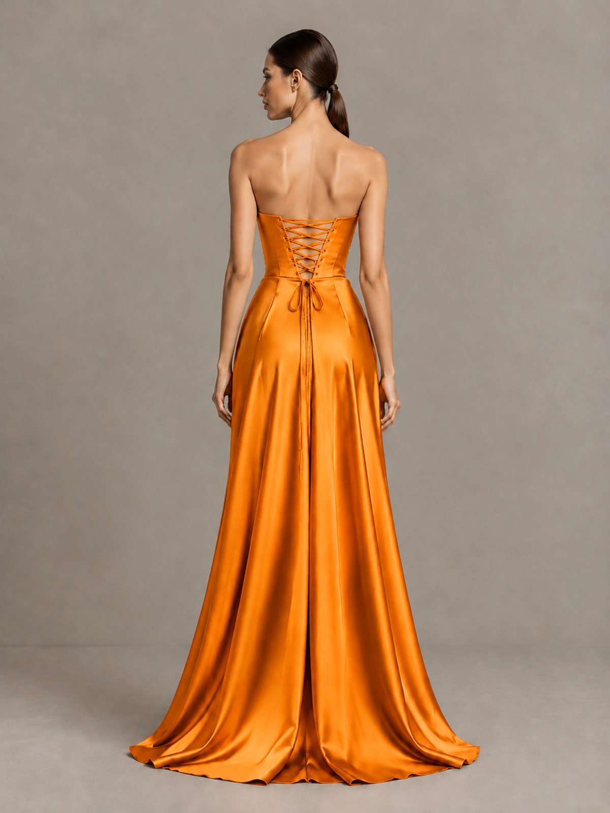BOLODOO Orange Strapless Satin High-Slit Lace-Up Prom Dress - Orange - Orange_2