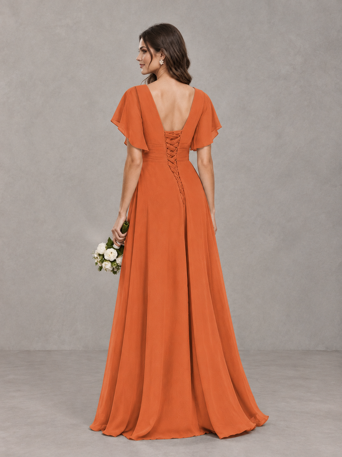 BOLODOO Orange Flutter Sleeve V-Neck Bridesmaid Dress with Ruffle Slit - Orange - Orange_2