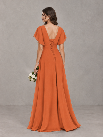 BOLODOO Orange Flutter Sleeve V-Neck Bridesmaid Dress with Ruffle Slit - Orange - Orange_2