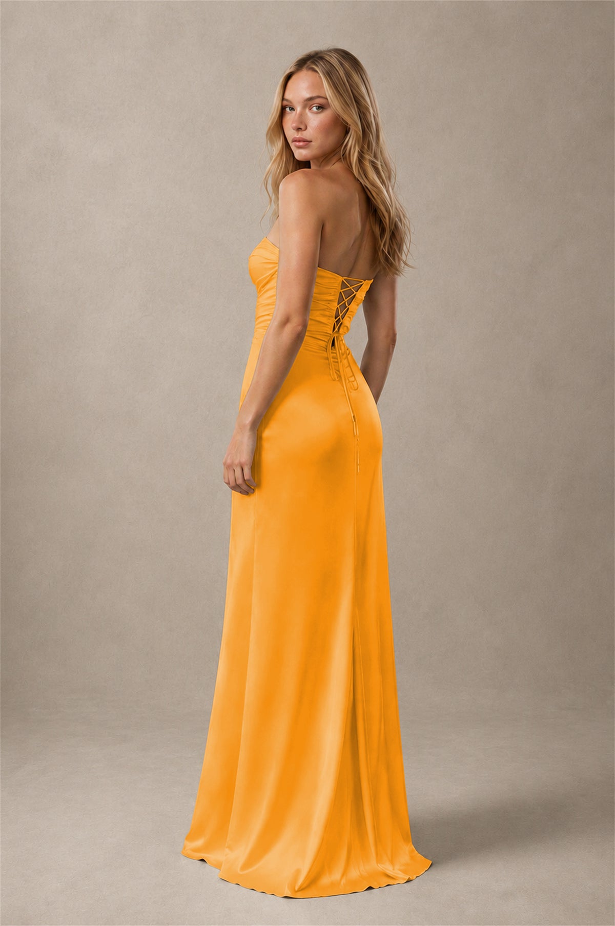 BOLODOO Orange Sweetheart Strapless Twist Knot Cutout Lace-Up Back Satin Mermaid Maxi Dress - Orange - Orange(2)